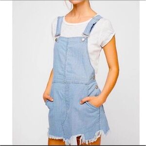 Free People Denim Striped Overall Dress Frayed Hem 6